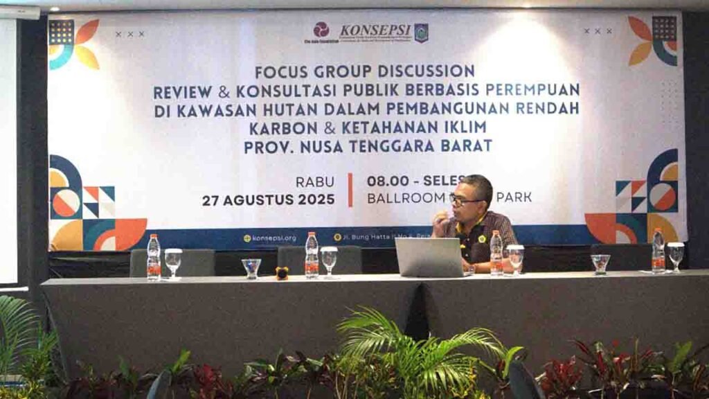 KONSEPSI NTB melalui program Women Forest Defender, berkolaborasi dengan BAPPEDA Provinsi Nusa Tenggara Barat, menggelar Focus Group Discussion (FGD) Review & Konsultasi Publik Penyusunan Dokumen Pembangunan Rendah Karbon & Berketahanan Iklim (PRKBI) yang berperspektif GEDSI, Kegiatan ini berlangsung pada Rabu, 27 Agustus 2025, bertempat di Hotel Prime Park, Mataram.