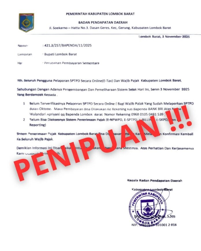 Nama Bapenda Dicatut, Wajib Pajak di Lobar Jadi Korban Dugaan Penipuan