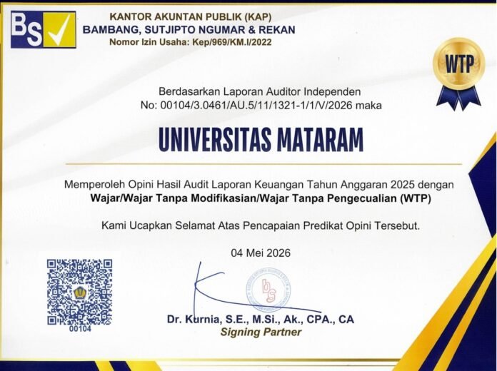 Unram Raih Opini WTP atas Audit Keuangan Tahun Anggaran 2025