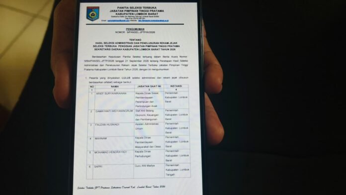 Seleksi Jabatan Sekda Lobar, Tujuh Peserta Lulus Seleksi Administrasi dan Rekam Jejak